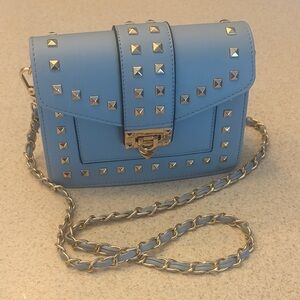 Light Blue Studded Chain Crossbody Bag with Gold Hardware MW Small elegant